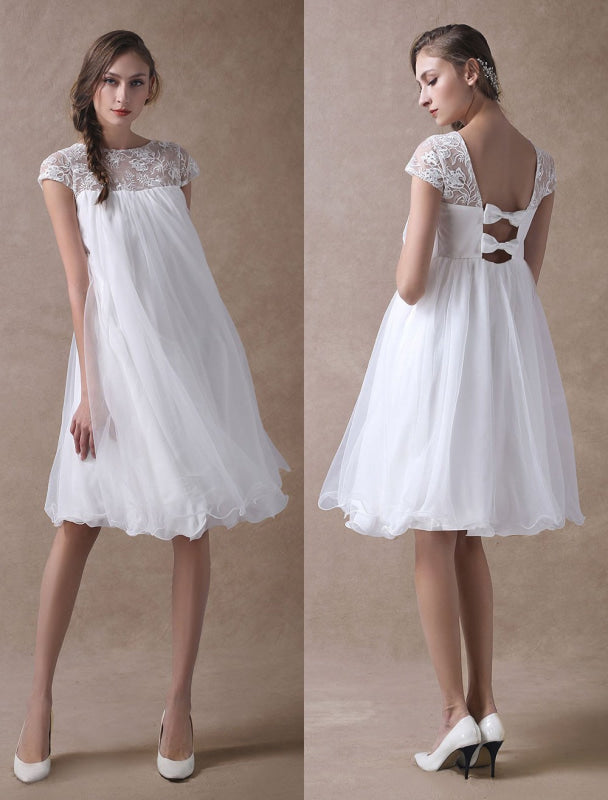 Simple Wedding Dresses Short Empire Waist Lace Tulle Cap Sleeve Pregnant Bridal Dress