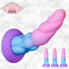 Gode monstre réaliste couleur rose et bleu avec base ventouse texturée pour usage plaisir