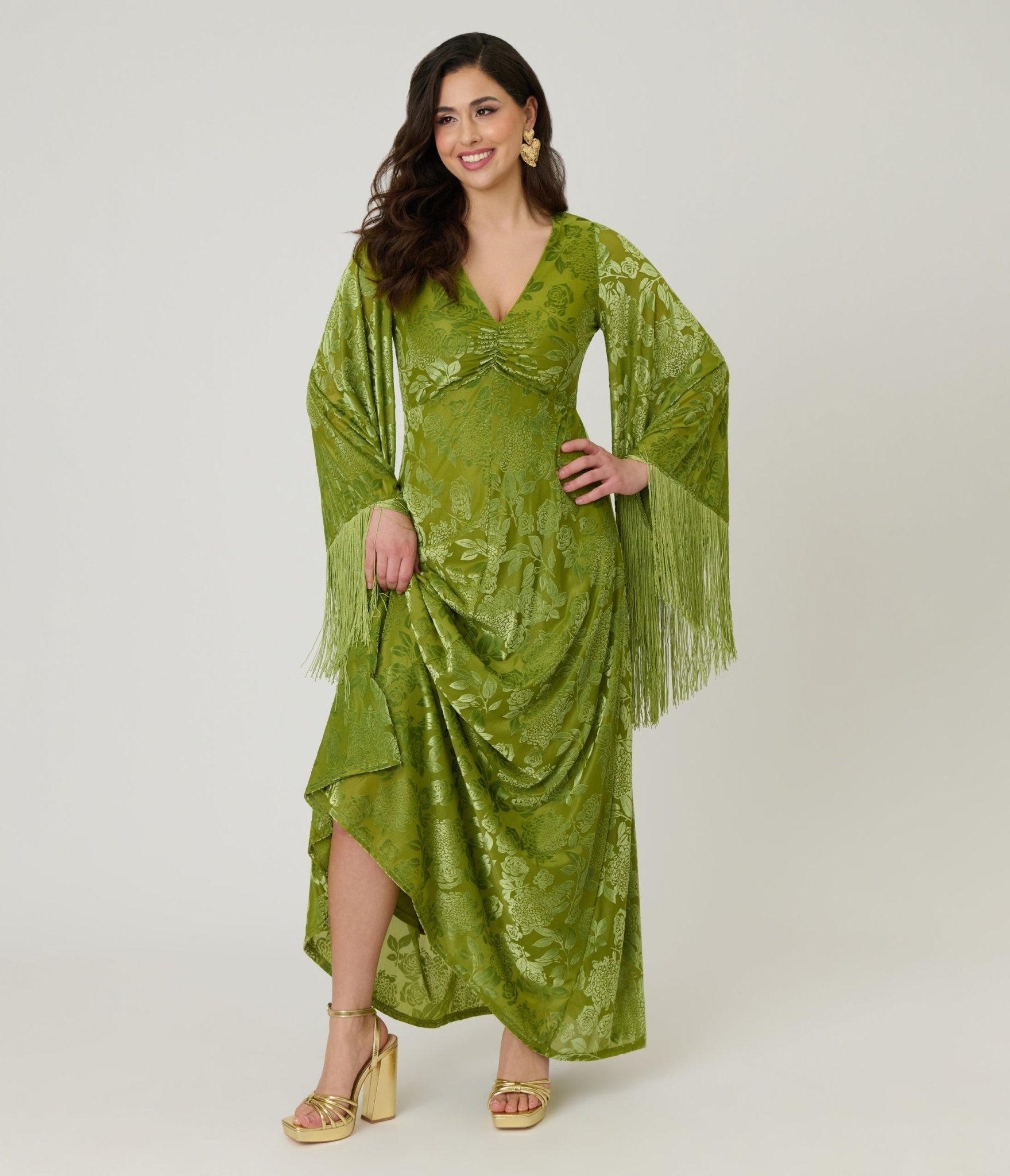 Smak Parlour Chartreuse Velvet Burnout Fringe Sleeve Stevie Maxi Dress - Unique Vintage - Womens, DRESSES, MAXI