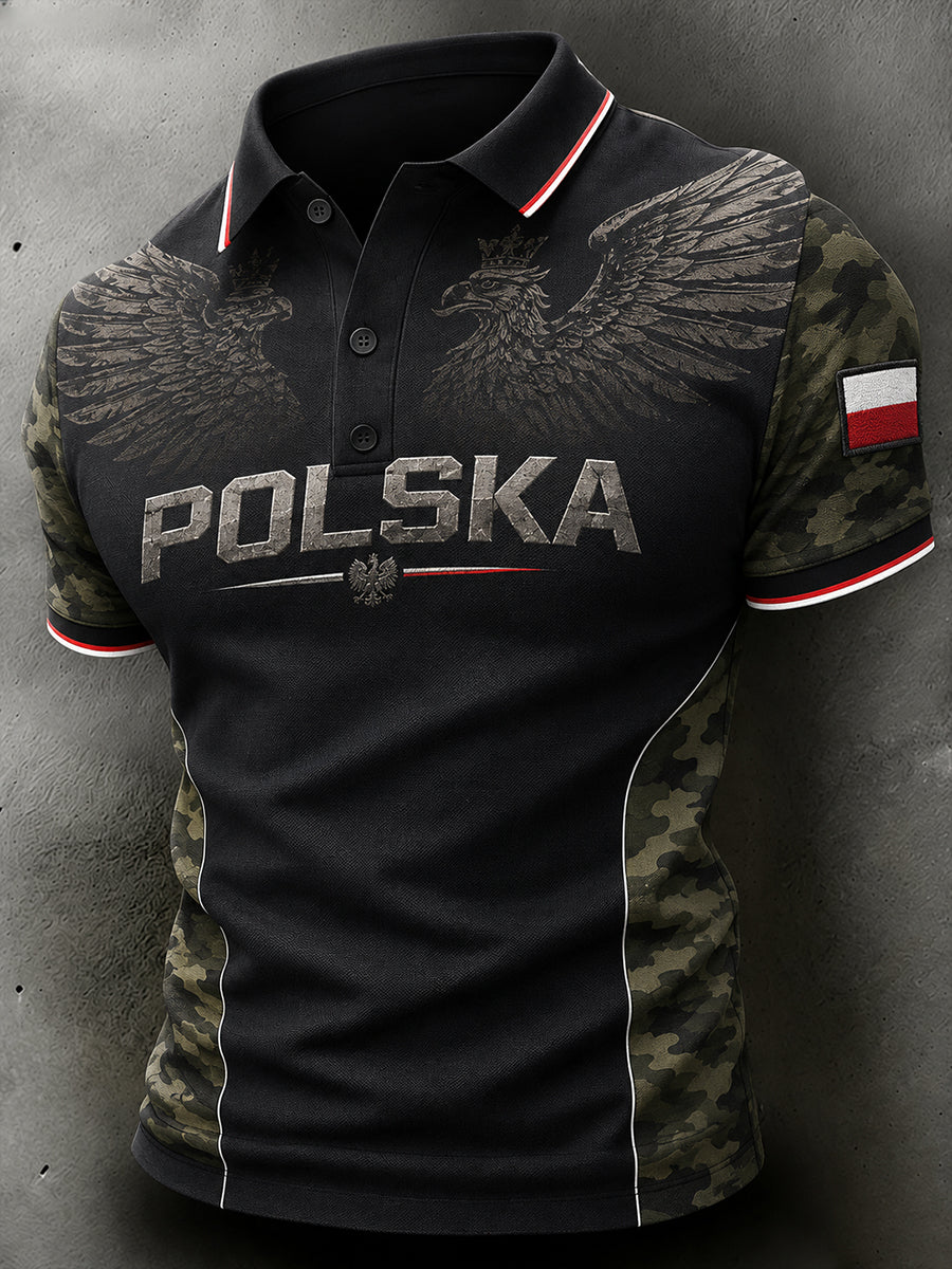 Męska koszulka polo z krótkim rękawem, w stylu wojskowym, z nadrukiem orła
