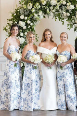 Strapless Blue Floral Bridesmaid Dress Printed Sleeveless with Slit Mychicdress