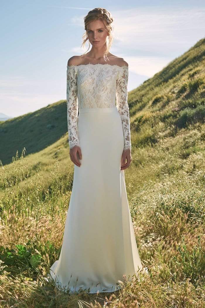 Tadashi Shoji - Scalloped Lace Bodice Off Shoulder Gown Wedding Dresses 0 / Ivory/Petal