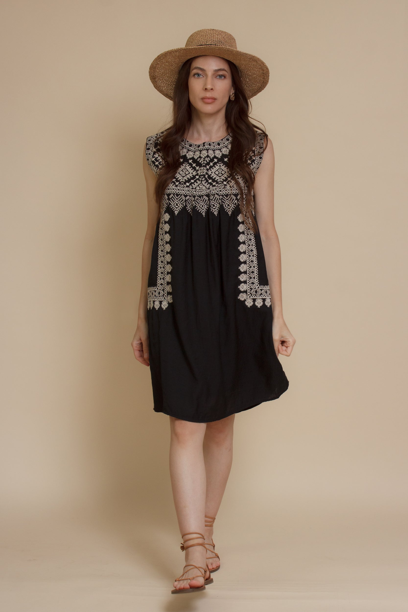 THML embroidered shift dress, in black.