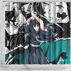 Muichiro Tokito Demon Slayer Mist Hashira Design Shower Curtain with Manga Panels and Teal Sword Art - The Mazicc