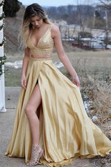 Two Piece Prom Dress A-Line V-neck Gold Satin Beading Evening Dress PSK158 - Pgmdress
