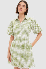Embroidered Floral Green Gingham Mini Delaney Dress