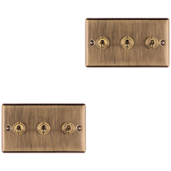 2 PACK 3 Gang Triple Retro Toggle Light Switch ANTIQUE BRASS 10A 2 Way Plate