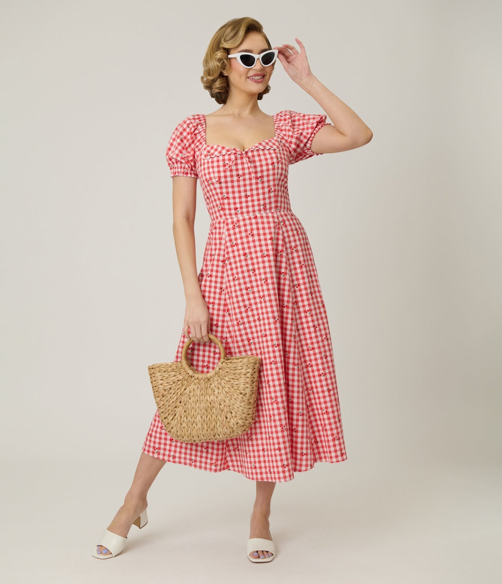 Unique Vintage Red Gingham & Cherries Puff Sleeve Midi Dress - Unique Vintage - Womens, DRESSES, MIDI