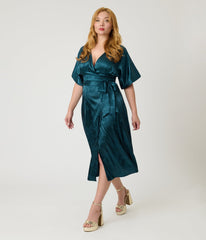 Unique Vintage Teal Floral Brocade Wrap Midi Dress - Unique Vintage - Womens, DRESSES, MIDI