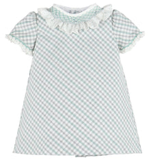 Luli & Me Girls Mint Green & Gray Check A-Line Dress - Smocked Ruffle Collar by Luli & Me