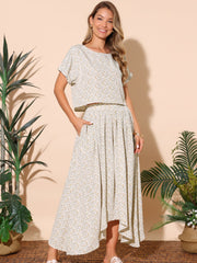 Women's 2 Piece Summer Outfits Casual Floral Crewneck Tops and Pleated Maxi Skirt Sets