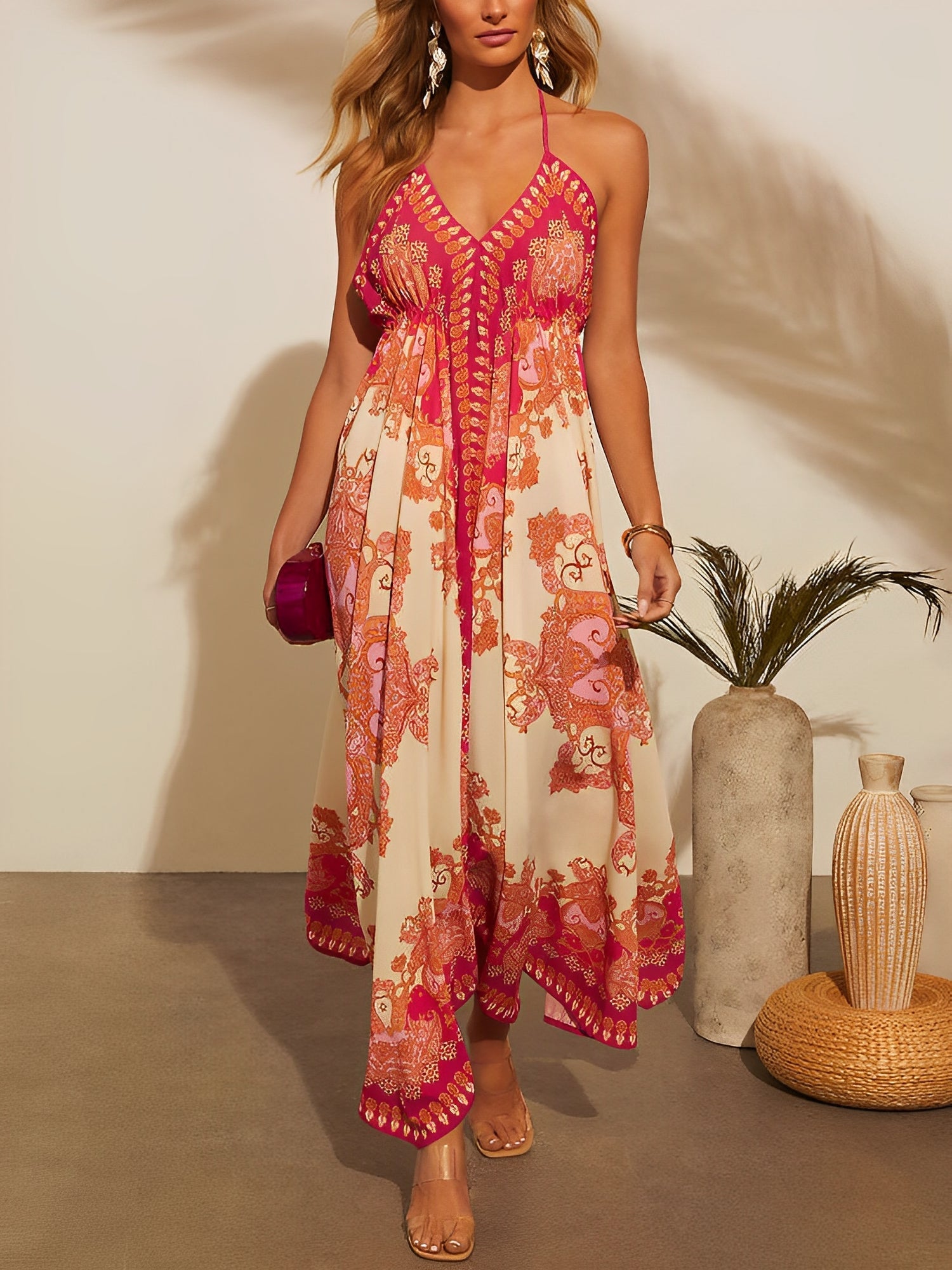 Halter Neck Boho Backless Irregular Hem Maxi Dress
