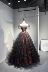 Black Tulle and Red Sequins Long Prom Dress, Off the Shoulder Evening Party Dress