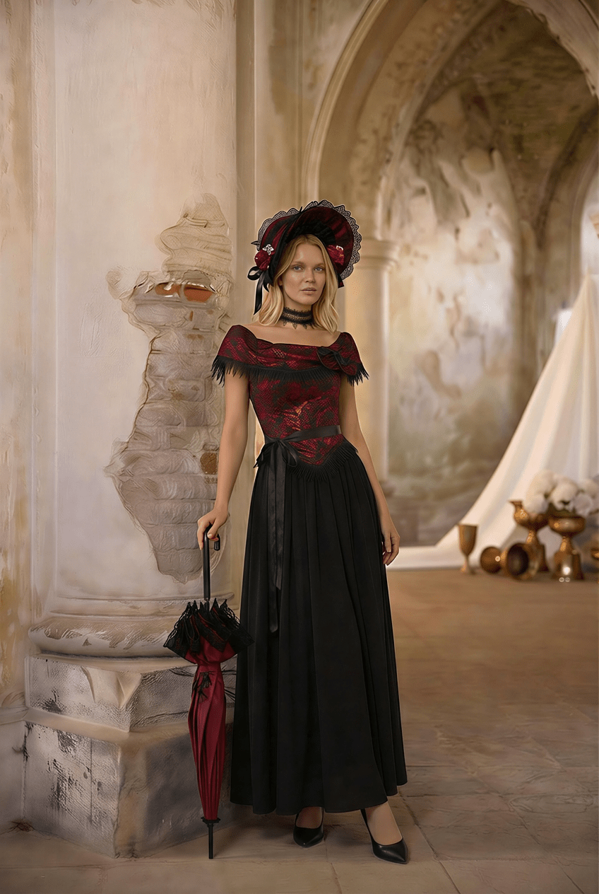 Victorian - Inspired Gothic Black and Red Gothic Dress with Satin Corset Bodice – Off - Shoulder Ball Gown Plus Size - WonderlandByLilian