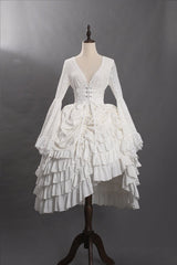 Victorian - Inspired White Lace Corset Dress with Bell Sleeves – Layered Ruffle High - Low Bridal Gown Plus Size - WonderlandByLilian