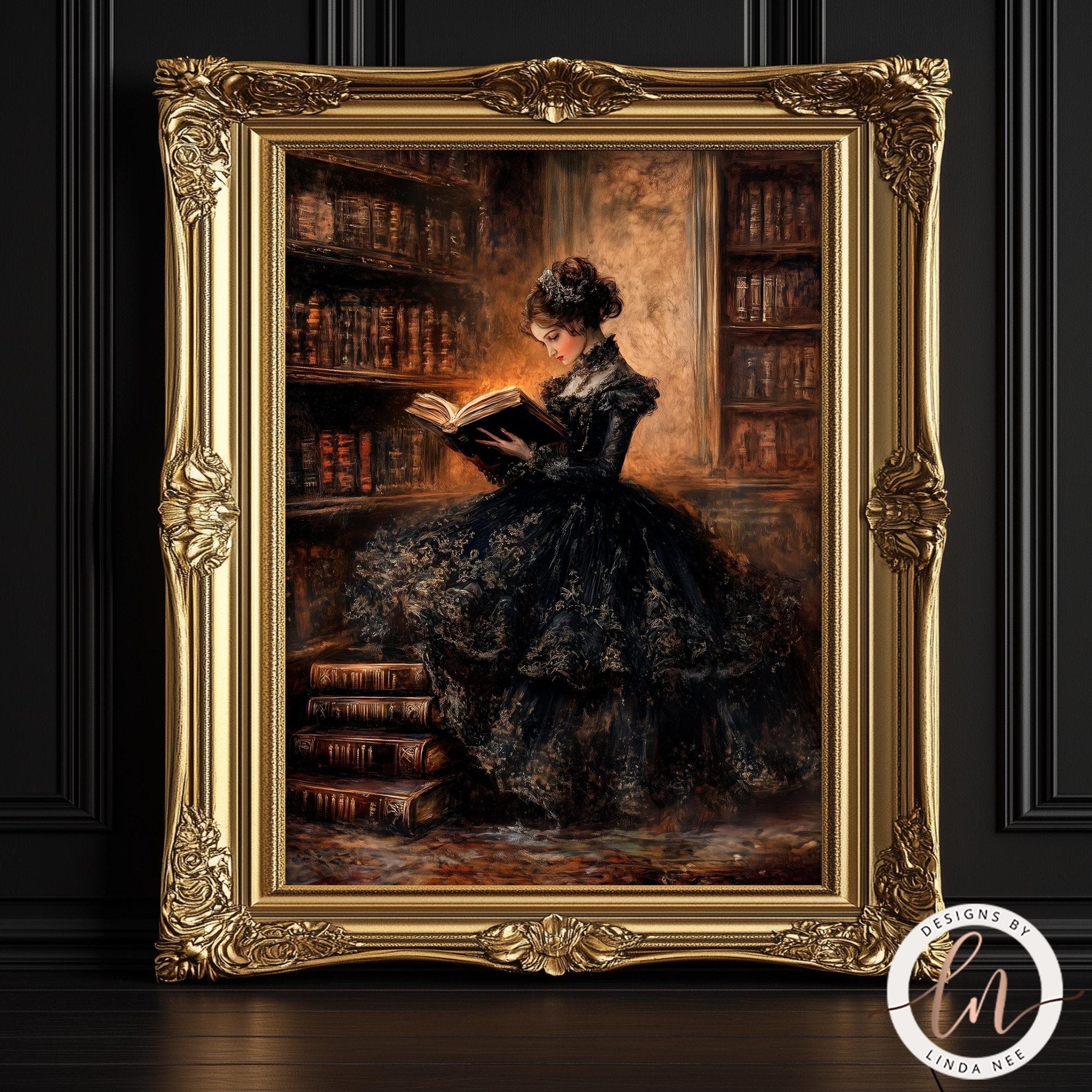A woman in an ornate black dress is reading a book in a library, surrounded by bookshelves filled with books.
