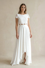 Vintage Boho Two-Piece Bateau Satin and Lace Short Sleeve Wedding Dress with Pleats and Sweep Train -Wedding Dresses by KissProm | Available at KissProm