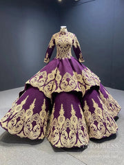 Vintage Deep Purple Muslim Wedding Dresses with Long Sleeves FD1115B viniodress-Quinceanera Dresses 2025 -Viniodress-Grape-Custom Size-