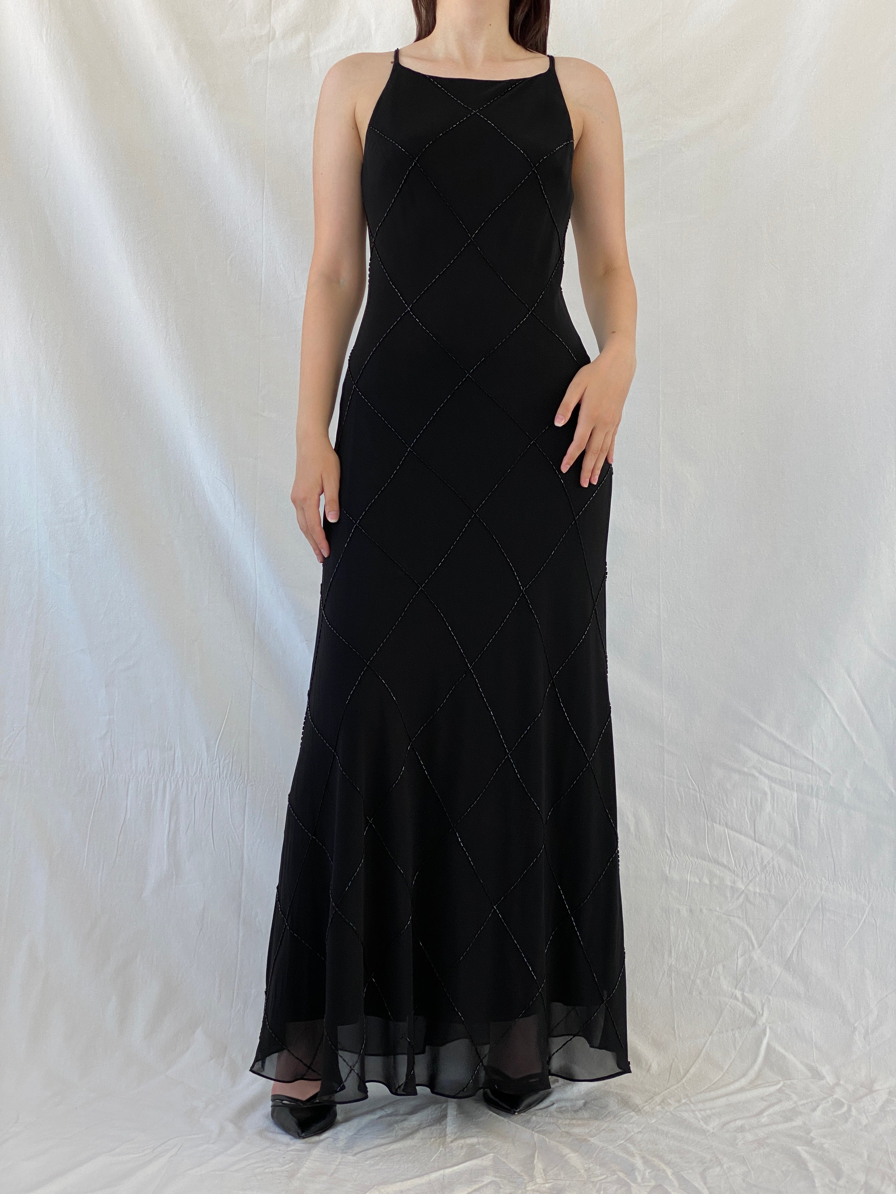Vintage Jones New York Black Beaded Evening Gown 90s Formal Slip Dress - M - Balagan Vintage Maxi Dress 90s, Ayah, black dress, dress, gown, maxi dress, NEW IN, vintage dress, Wedding Guest