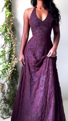 Vintage Mermaid Purple Lace Halter Prom Dress Long Evening Party Dress Prom Gowns