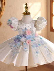Elegant White Beaded Flower Girl Dress Princess Birthday Gown J841
