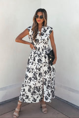 White and Black Floral Print Smocked Midi Dress - Magnolia Boutique