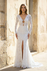 Lillie | White Mermaid Boho Long Lace Wedding Dress with Sleeves