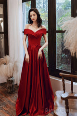 Wine Red Satin Off Shoulder Long Prom Dress With Leg Slit, Wine Red Prom Dresses