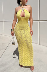 Yellow Crochet Halter Cut Out Knit Maxi Dress - Hot Miami Styles