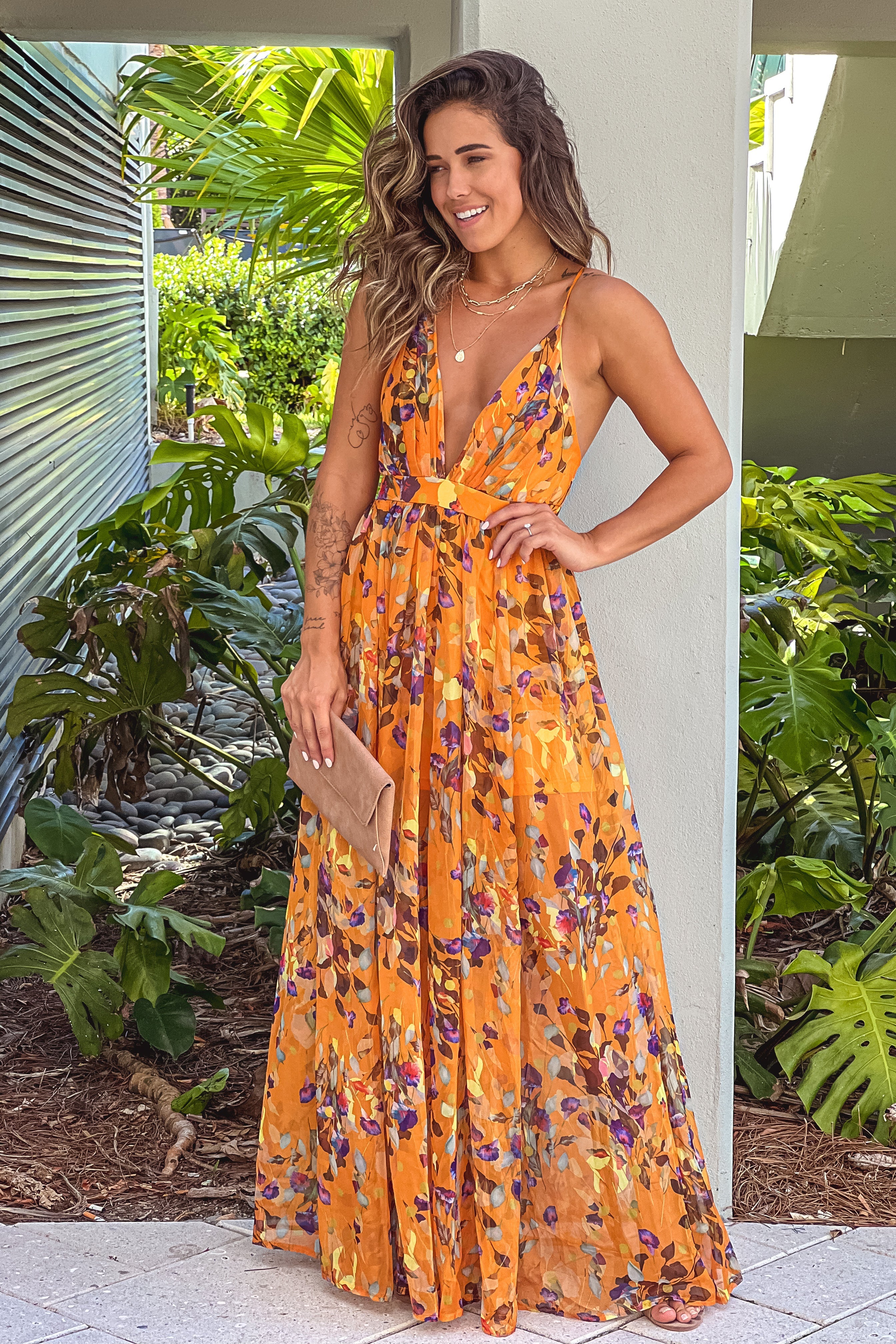 yellow floral v-neck maxi dress