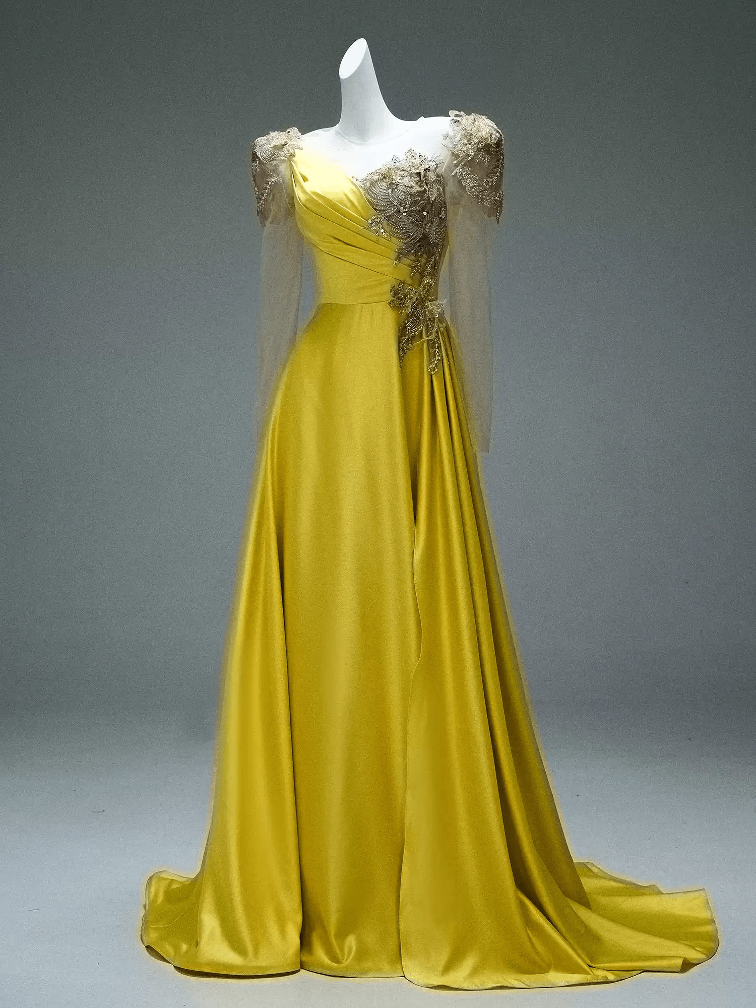 Yellow Satin Evening Dress with Embroidered Sheer Sleeves – Lace - Up Back Formal Evening Dress Plus Size - WonderlandByLilian