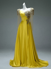 Yellow Satin Evening Dress with Embroidered Sheer Sleeves – Lace - Up Back Formal Evening Dress Plus Size - WonderlandByLilian