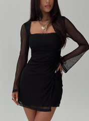 front view of model wearing Princess Polly Martinez Long Sleeve Mini Dress Black Square Neck