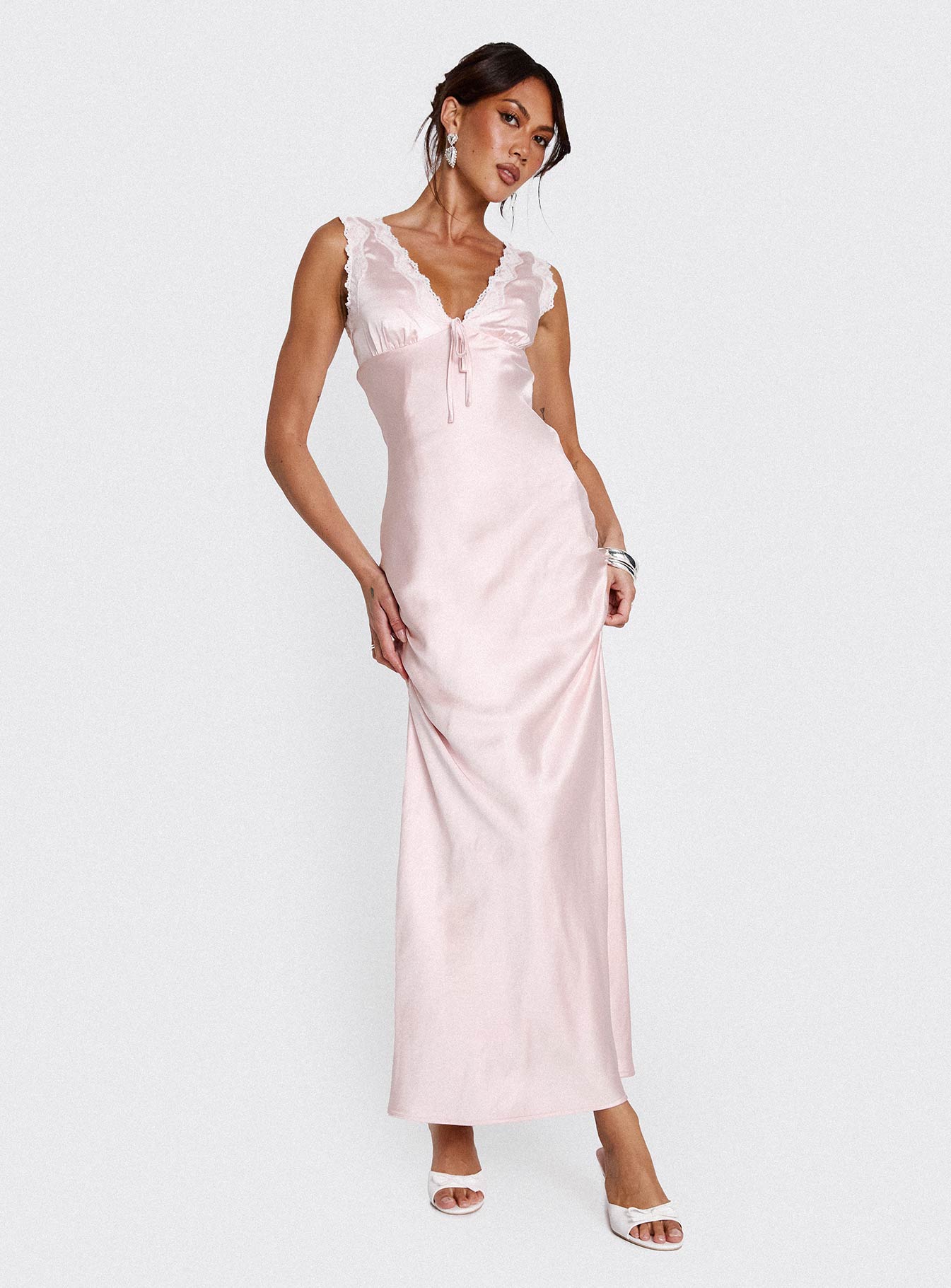 side view of model wearing Princess Polly Liliya Lace Maxi Dress Pink Plunger