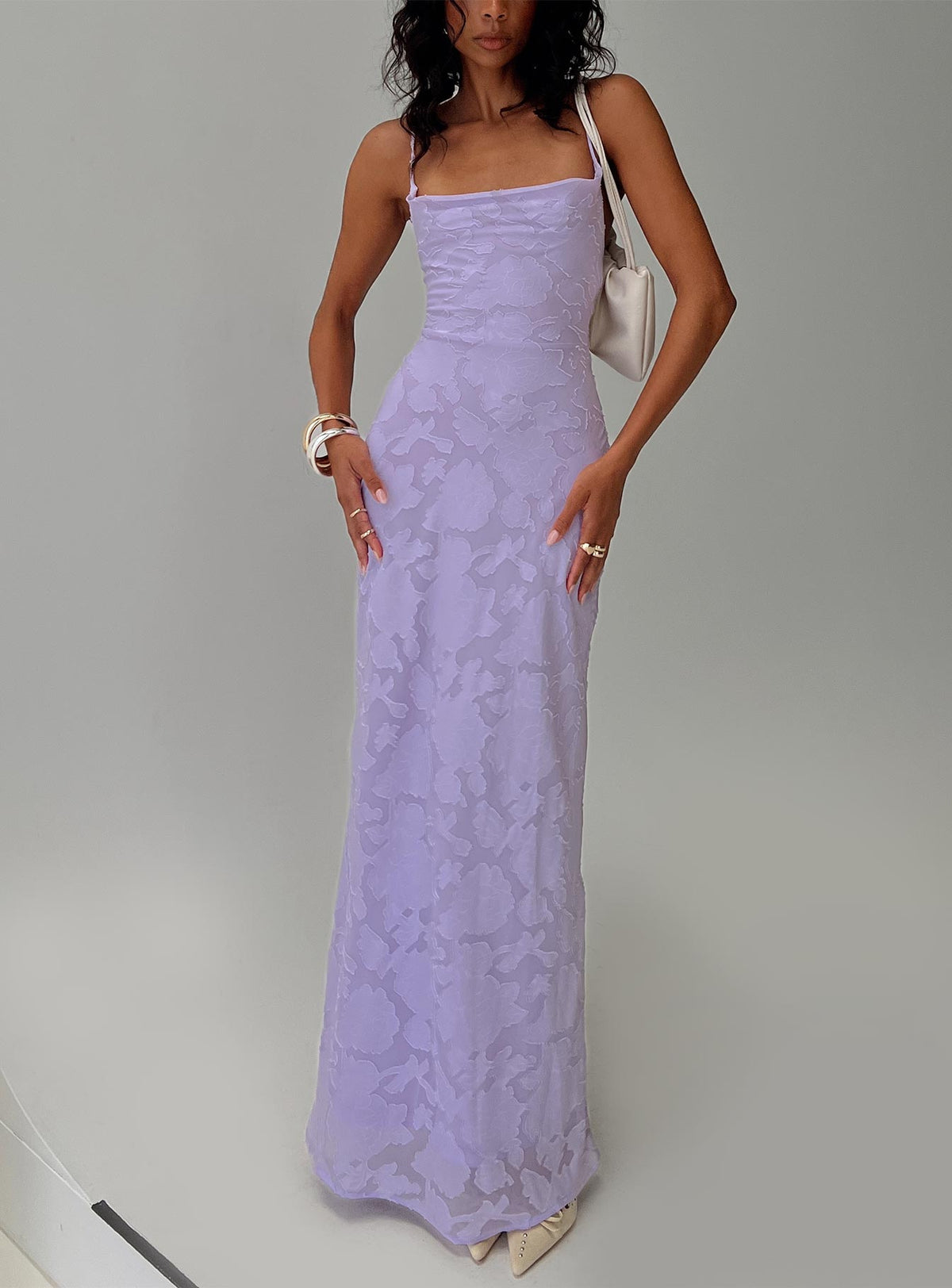 front view of model wearing Princess Polly Celena Maxi Dress Lilac Cowl Neck