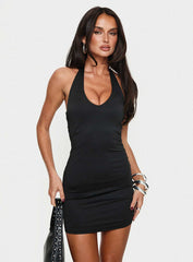 front view of model wearing Princess Polly Stilgar Mini Dress Black Plunger