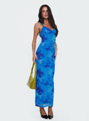 side view of model wearing Princess Polly Hathaway Maxi Dress Blue Floral Plunger