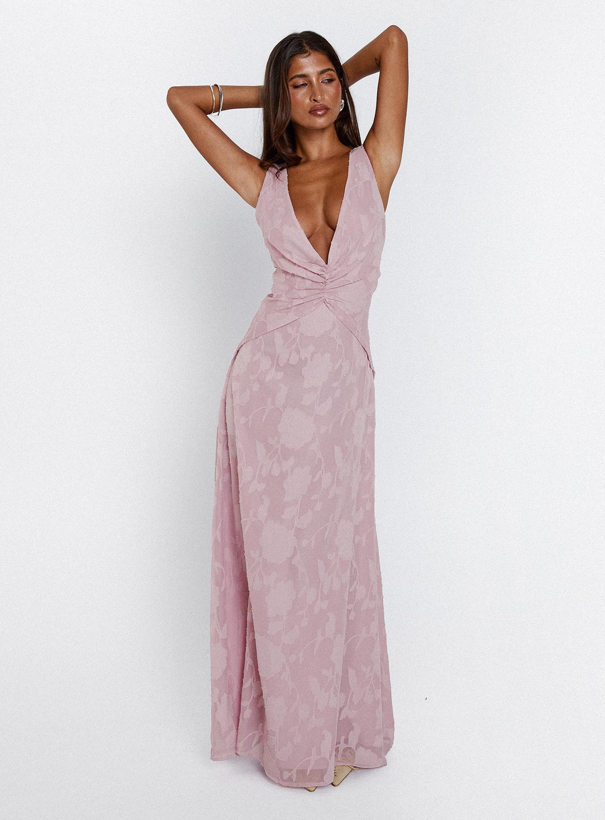 back view of model wearing Princess Polly Frederica Plunge Burnout Maxi Dress Mauve Plunger