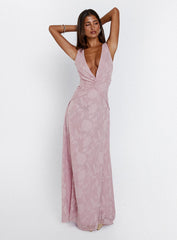 back view of model wearing Princess Polly Frederica Plunge Burnout Maxi Dress Mauve Plunger