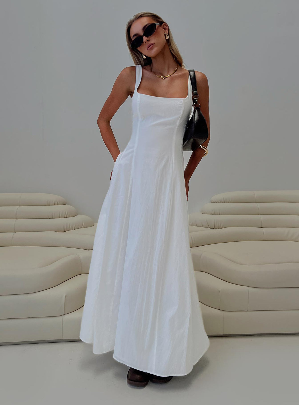 front view of model wearing Princess Polly You Can Maxi Dress White Square Neck