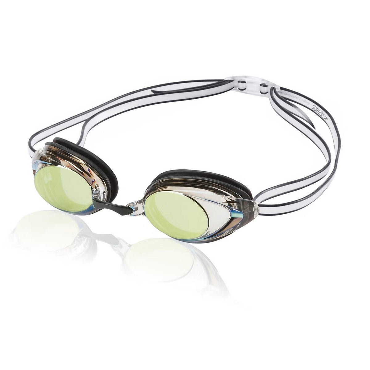 Speedo Women's Vanquisher 2.0 Mirrored Swim Goggle - A pair of mirrored swim goggles with a sleek, modern design and a subtle logo on the strap.