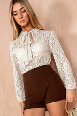 Cadee Cream and Brown Tie Neck Textured Playsuit