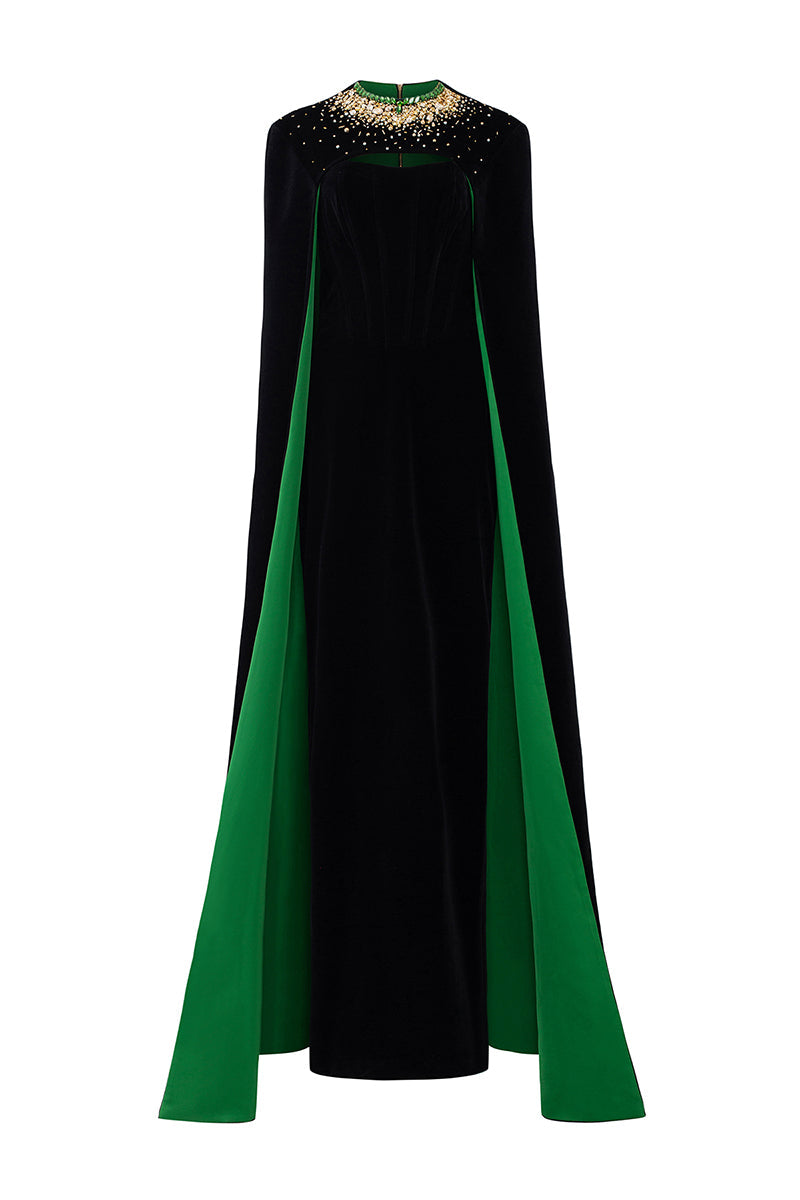 Black strapless velvet gown with long cape by I.H.F, featuring a fitted bodice and flowing cape for elegant evening wear.