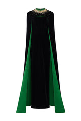Black strapless velvet gown with long cape by I.H.F, featuring a fitted bodice and flowing cape for elegant evening wear.