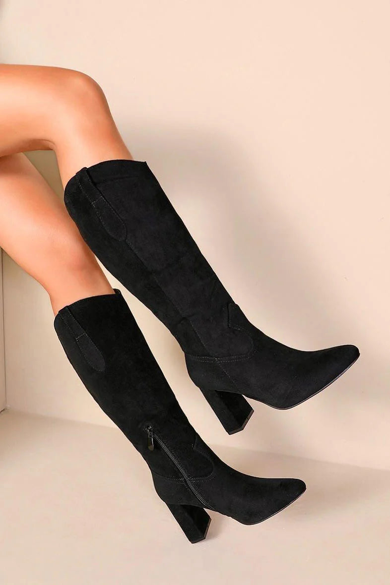 Gigi Black Suedette Western Knee High Boots