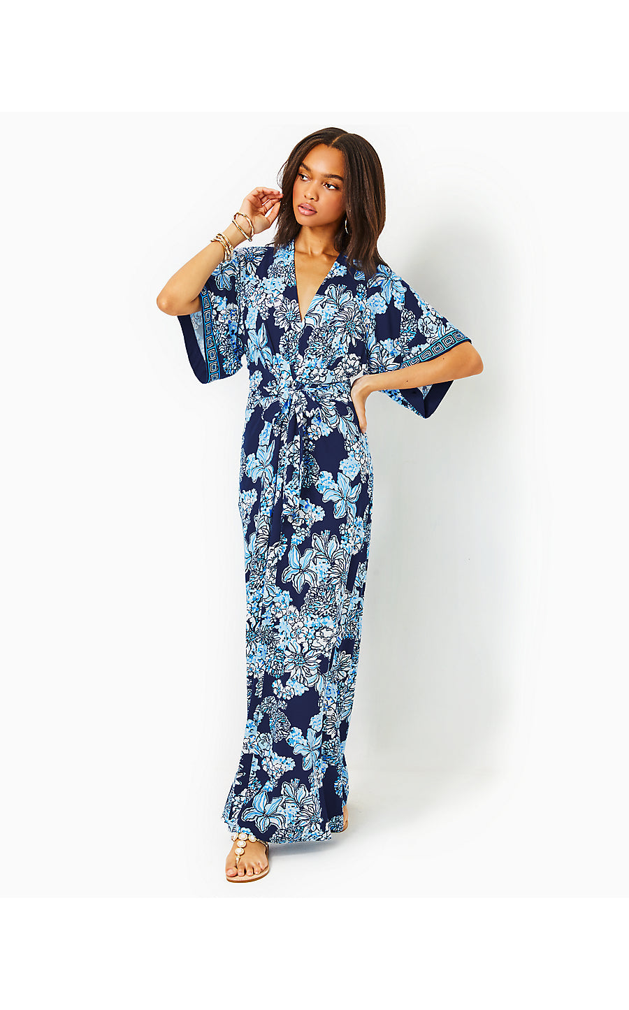 WISTERIA ELBOW SLEEVE V-NECK DRESS, LOW TIDE NAVY BOUQUET ALL DAY ENGINEERED KNIT MAXI DRESS