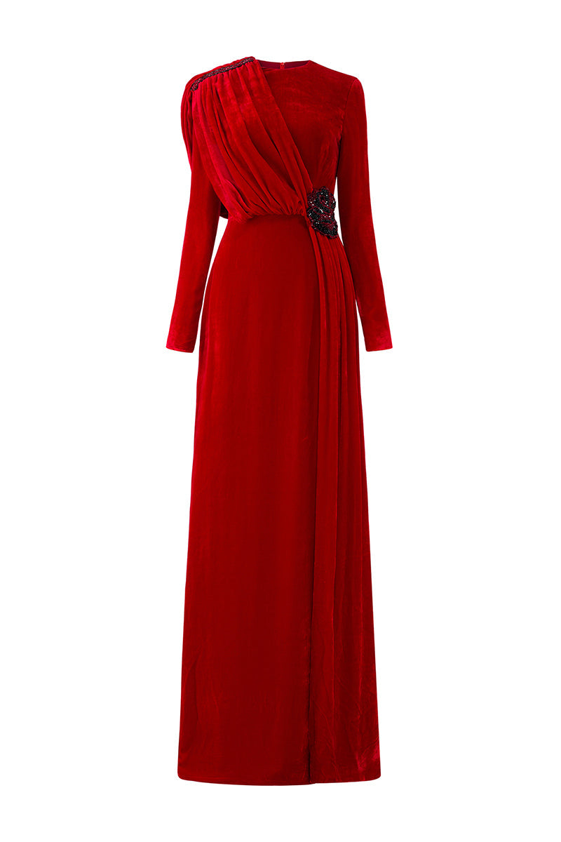 Red round neckline draped velvet gown with black lace trim, elegant evening dress by I.H.F.