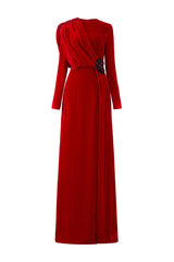 Red round neckline draped velvet gown with black lace trim, elegant evening dress by I.H.F.