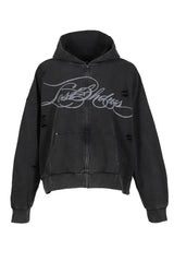 DISTRESSED SCRIPT ZIP-UP HOODIE / BLK