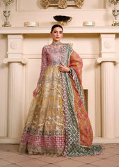 Organza Maxi Dress - 3 Piece Set featuring sequin embroidery in pink, gold, and green tones, ideal for Pakistani wedding guest wear.